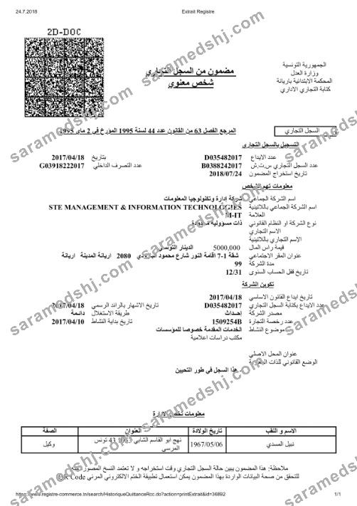Tunis Certificate of Registration